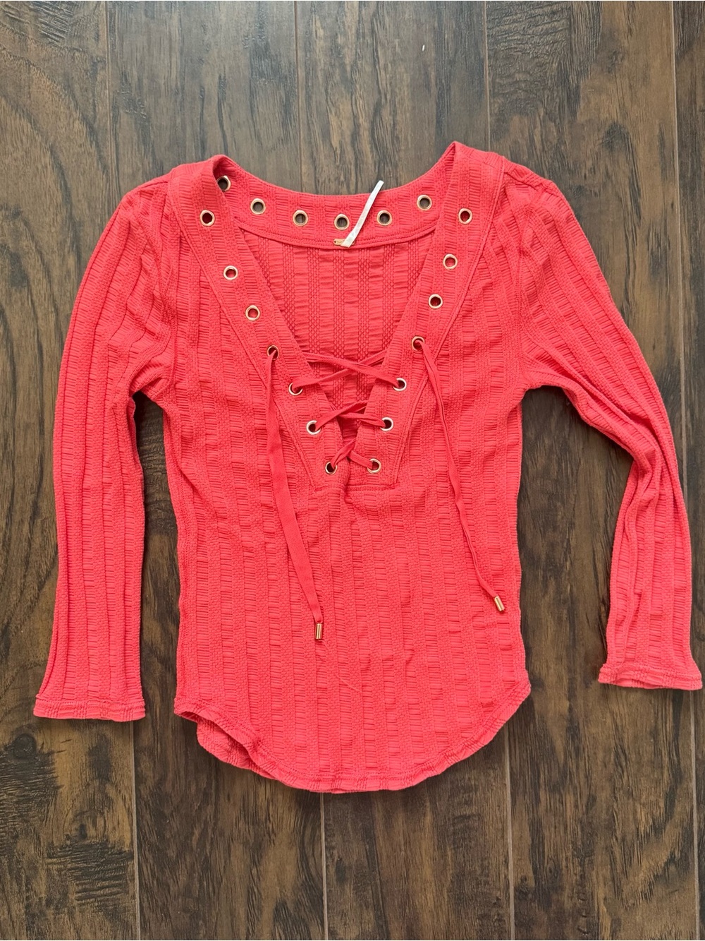 Free People 'Ice Cold Lace Up' Grommet Ribbed Top Rose Crimson Size XS